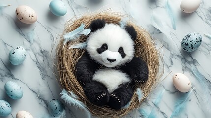 Stuffed panda lying in a nest of feathers glowing eggs around on marble background