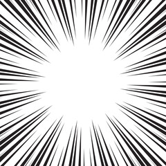 Background of radial lines for comic books. Manga speed frame, superhero action, explosion background. Black and white vector illustration