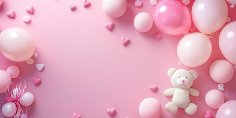 Pink baby shower background with balloons, hearts, and teddy bear.