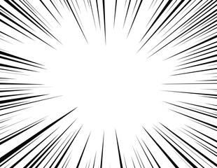 Background of radial lines for comic books. Manga speed frame, superhero action, explosion background. Black and white vector illustration