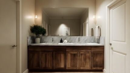 Elegant bathroom vanity with dual sinks and large mirror