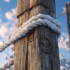 Close-up of a snowy wooden post with rope