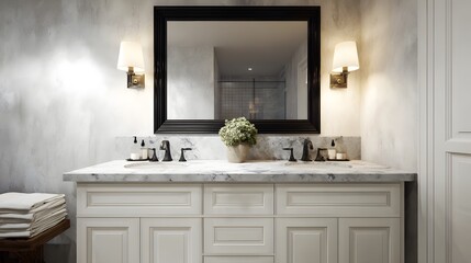 Elegant bathroom vanity with dual sinks and large mirror