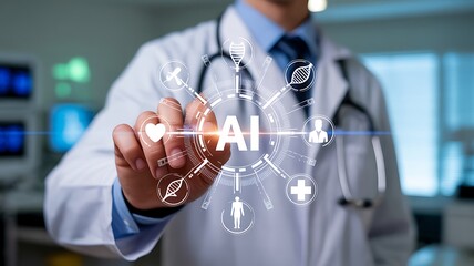 A doctor in a white coat interacts with a futuristic AI hologram interface, showcasing the integration of artificial intelligence in modern medicine for advanced diagnosis, research, and healthcare.