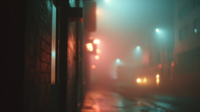 Blurry urban street at night with glowing city lights.