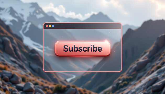 A colorful 'Subscribe' button overlaying a stunning mountain landscape, perfect for digital engagement.