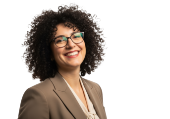 Smiling businesswoman with curly hair and glasses isolated on transparent background
