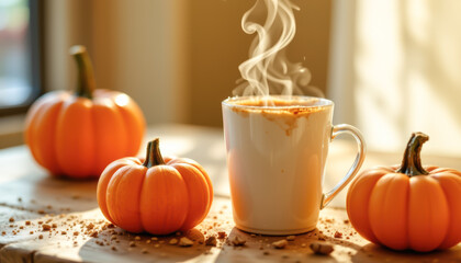 A cozy scene featuring a steaming cup of pumpkin spice latte surrounded by small pumpkins, perfect for autumn vibes.