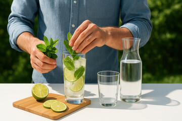 Man preparing fresh mojito cocktail with green mint leaves and sliced lime in glass outdoors on white table with natural sunlight