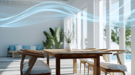 Bright Home Interior with Gentle Blue Airflow Waves and Plant