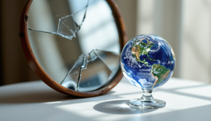 A cracked mirror reflects a globe, symbolizing a fragmented world and environmental concerns.