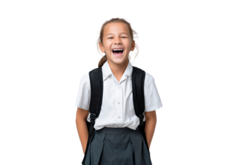 Smiling young girl in school uniform with backpack on transparent background, PNG