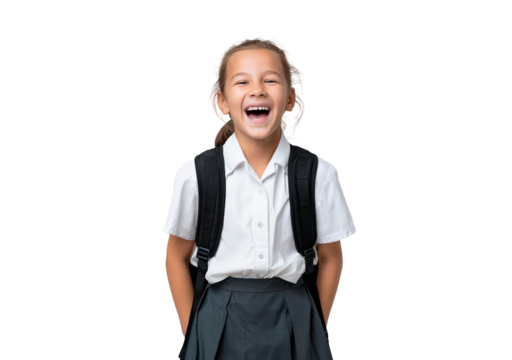 Smiling young girl in school uniform with backpack on transparent background, PNG