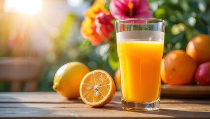 Naklejka premium Refreshing Orange Juice with Fresh Fruits and Flowers Outdoors