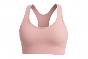Pink sports bra hanging on transparent background, highlighting athletic wear design and fitness fashion trend