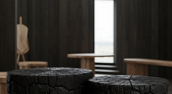 Two dark charred wood slices on a rustic wooden table with chairs mockup