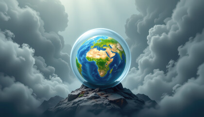 Naklejka premium A detailed globe surrounded by clouds symbolizes the beauty and fragility of our planet under a serene light.