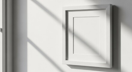 White frame on a wall in sunlit room, casting diagonal shadows