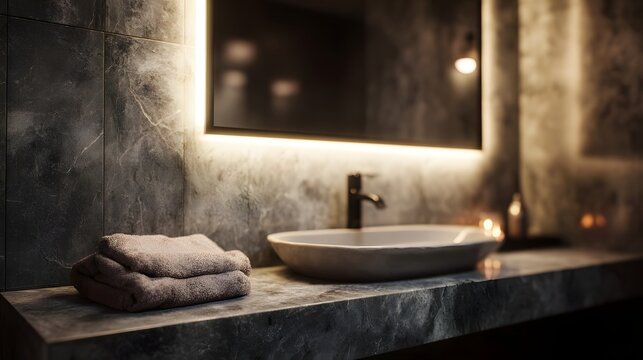 A contemporary bathroom with a marble vanity and LED lit mirror - Powered by Adobe