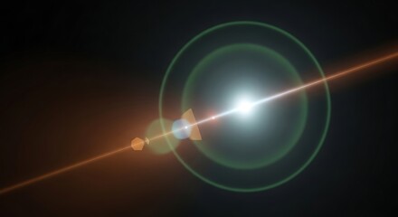 Dynamic Lens Flare Bursting with Bright White Light, Green Rings, and Amber Rays on Dark.