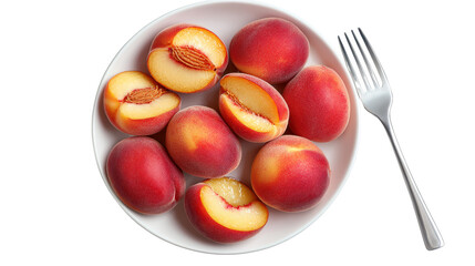 Sugar Dusted Peaches on White Plate with Silver Fork Against Transparent Background