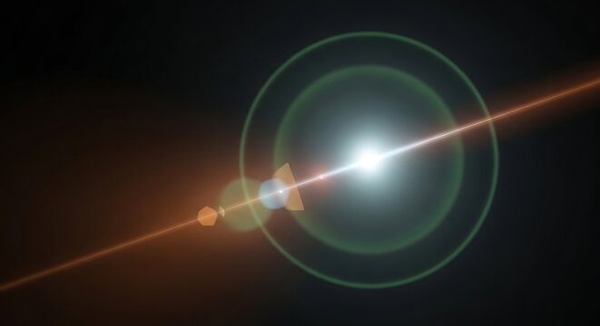 Dynamic Lens Flare Bursting with Bright White Light, Green Rings, and Amber Rays on Dark.