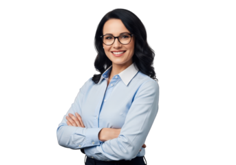 Businesswoman with glasses and crossed arms, isolated on transparent background