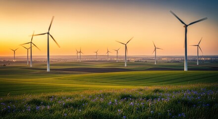 Wind turbines dot a green field at sunset, with purple flowers below