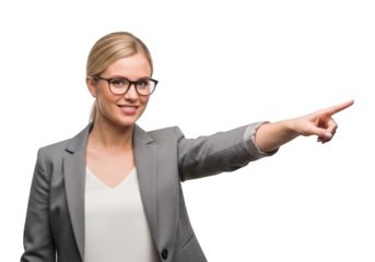 Businesswoman pointing to the side, isolated on transparent background