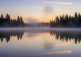 Obraz premium Misty Lake Reflection at Dawn with Silhouetted Trees and Soft Sky