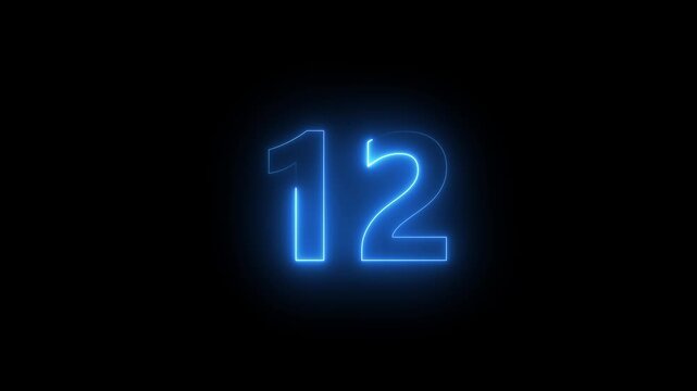Abstract glowing neon text 12 number countdown icon. Glowing sign on black background Neon number 12 with alpha channel, simple blue neon color. Seamless loop style animation