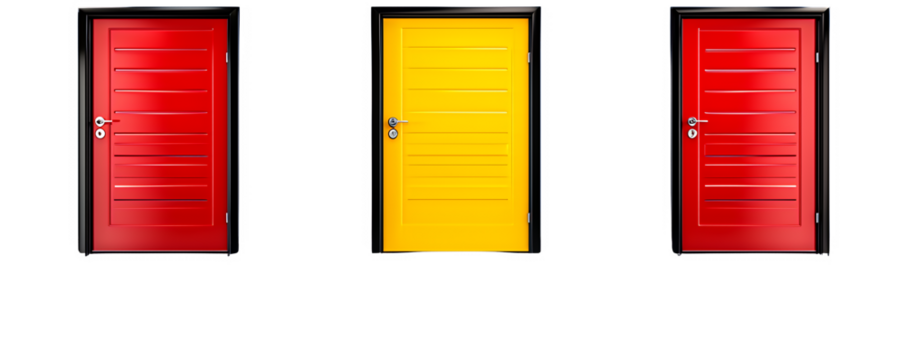 Three Closed Doors Red, Yellow, Red on Black Background