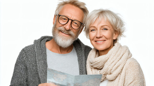 Older Couple in Casual Clothes Holding Travel Map | Happy Seniors Planning a Trip | Mature Couple Exploring Destinations - Powered by Adobe