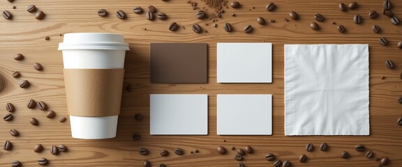 coffee cup with sleeve, business card, loyalty card, and napkin