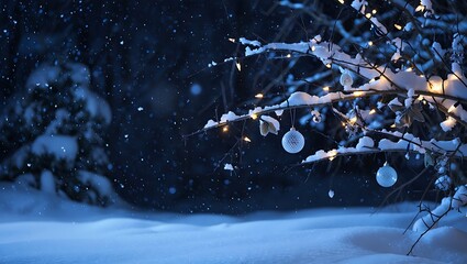 Magical Snowy Winter Night with Twinkling Lights and Ornaments