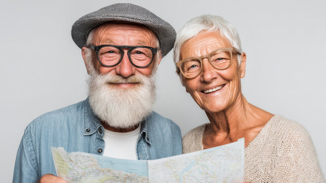 Older Couple in Casual Clothes Holding Travel Map | Happy Seniors Planning a Trip | Mature Couple Exploring Destinations