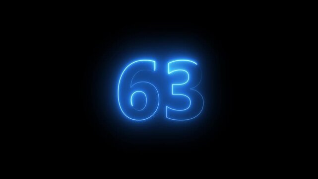 Abstract glowing neon text 63 number countdown icon. Glowing sign on black background Neon number 63 with alpha channel, simple blue neon color. Seamless loop style animation