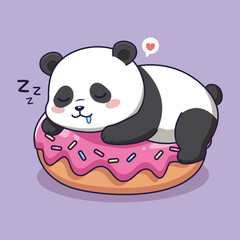 Cute Panda Sleeping on a Donut. vector illustration