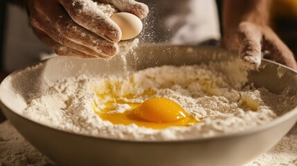 Hands gently cracking an egg into flour
