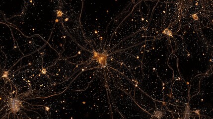 Obraz premium Golden neural network intertwined with gut microbiome, resembling celestial connections.
