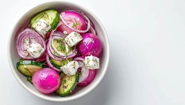 A white bowl holds a vibrant salad of thinly sliced red onions, cucumbers, feta cheese cubes, and fresh dill, presented on a white background