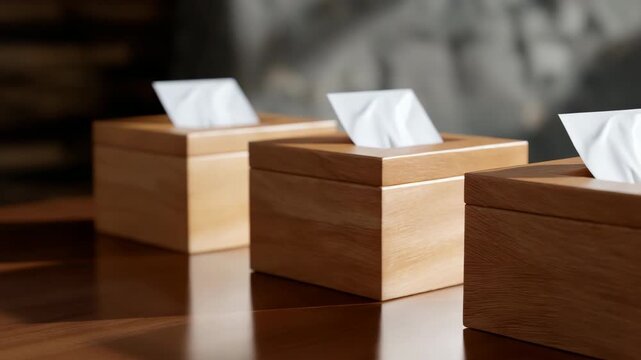 Three wooden boxes with white tissue paper inside. The boxes are placed on a wooden table. The boxes are identical in size and shape
