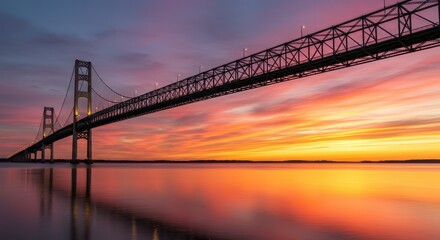 Majestic suspension bridge silhouetted against a vibrant sunset, creating a serene atmosphere on