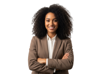 Smiling businesswoman in blazer, isolated on transparent background