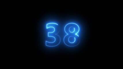 Abstract glowing neon text 38 number countdown icon. Glowing sign on black background Neon number 38 with alpha channel, simple blue neon color. Seamless loop style animation - Powered by Adobe