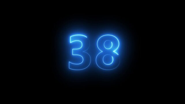 Abstract glowing neon text 38 number countdown icon. Glowing sign on black background Neon number 38 with alpha channel, simple blue neon color. Seamless loop style animation