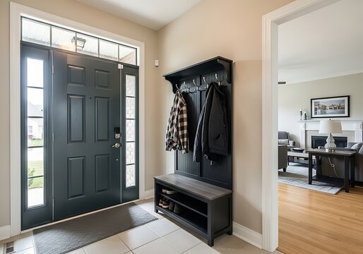 Entryway foyer with dark door, side windows, and a modern mudroom bench with coat rack and shoes. Bright, organized home interior leading to a living room.