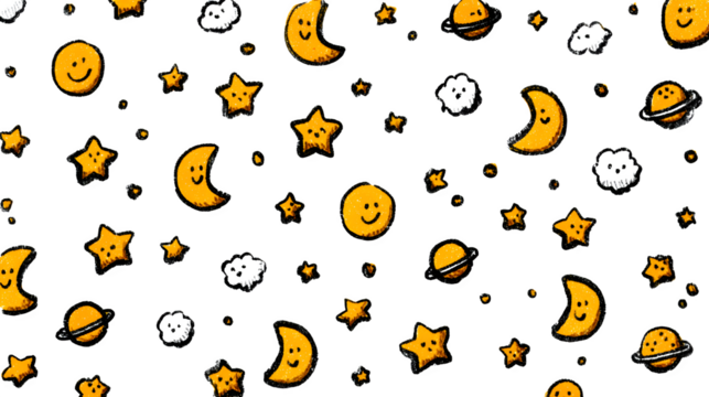 A repeating doodle pattern of happy stars, crescent moons with faces, and wobbly planets, isolated on a Transparent Background - Powered by Adobe