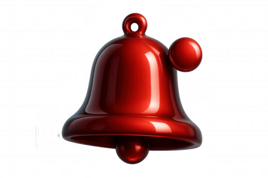 3d rendering of a glossy red notification bell with its clapper about to strike, isolated on a transparent background