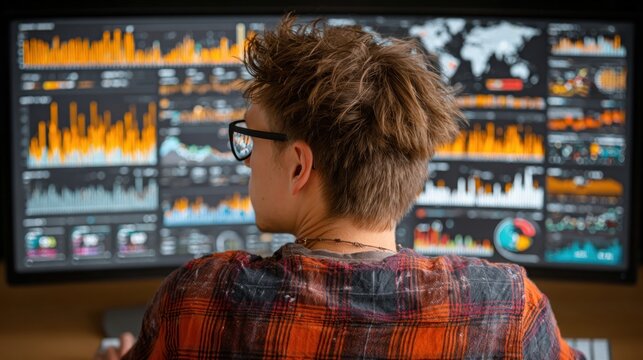 Businessperson analyzing SEO and website traffic data on a computer, symbolizing search engine optimization and online marketing strategy